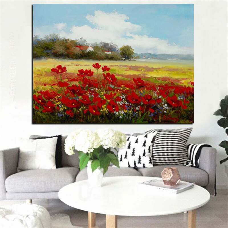 Print Abstract Wild Red Flower Poppies Landscape Oil Painting on Canvas Modern