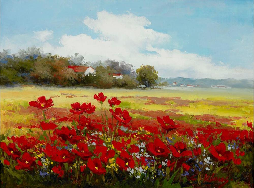 Print Abstract Wild Red Flower Poppies Landscape Oil Painting on Canvas Modern