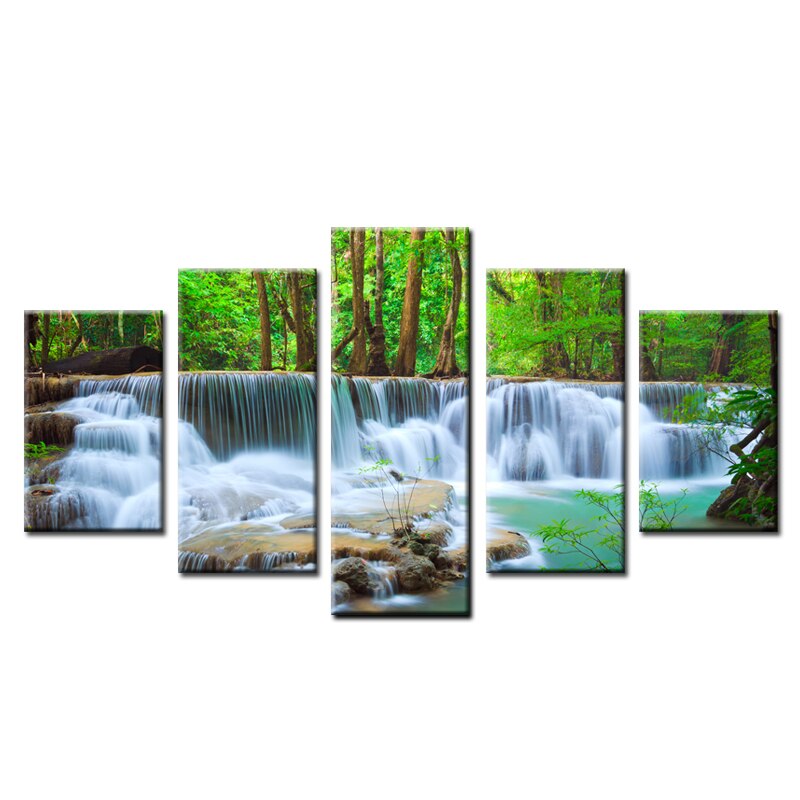 5 Panel HD Print Canvas Art Waterfall Forest Trees Rocks Modular Wall Picture Canvas Painting