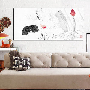 HD Print Large Traditional Chinese Calligraphy Painting Koi Fish Lotus on Canvas