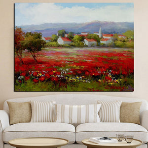 Print Abstract Wild Red Flower Poppies Landscape Oil Painting on Canvas Modern