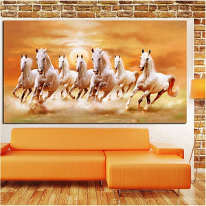 Big size HD Print Artistic Animals Seven Running White Horse Oil Painting