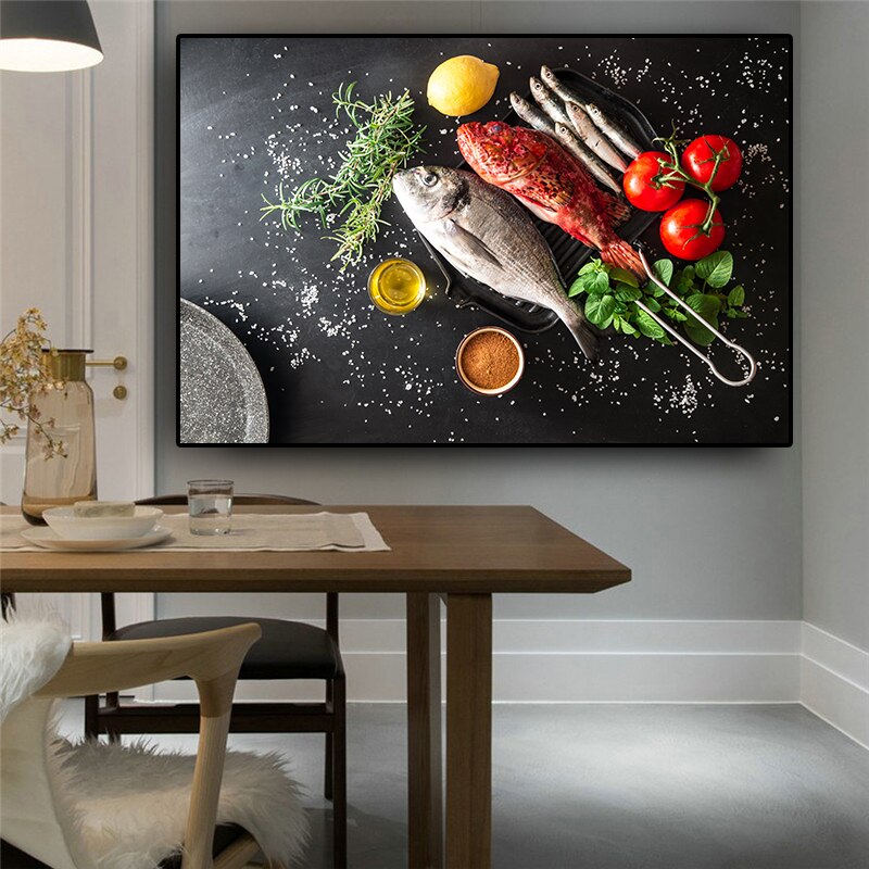 Vegetables Fish Kitchen Canvas Painting Cuadros Modern Scandinavian Restaurant Posters