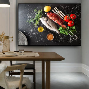 Vegetables Fish Kitchen Canvas Painting Cuadros Modern Scandinavian Restaurant Posters