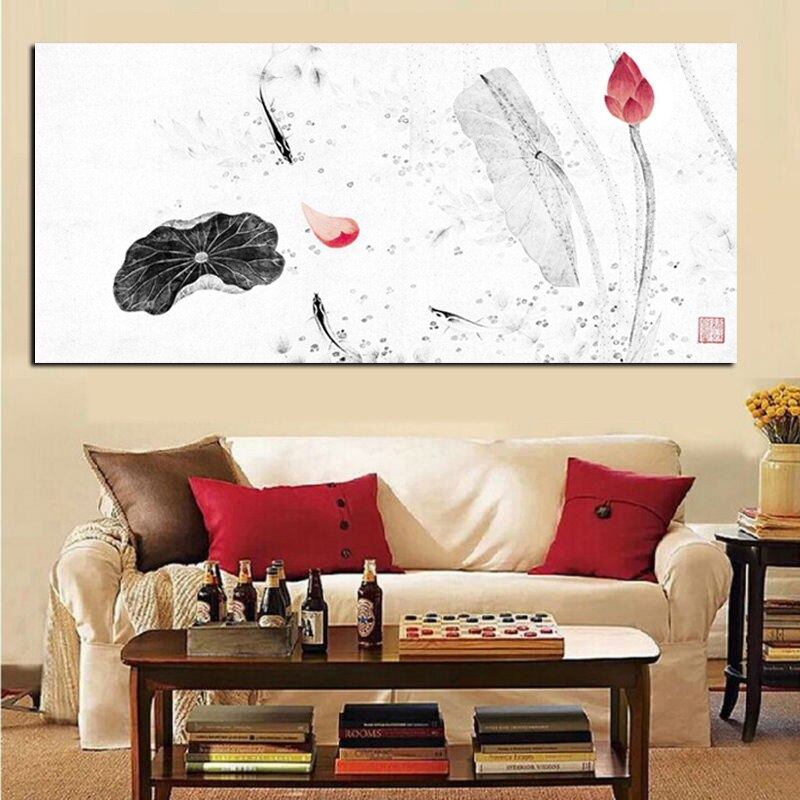 HD Print Large Traditional Chinese Calligraphy Painting Koi Fish Lotus on Canvas