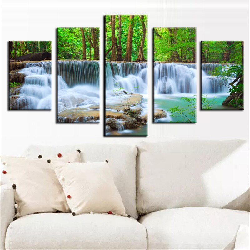 5 Panel HD Print Canvas Art Waterfall Forest Trees Rocks Modular Wall Picture Canvas Painting