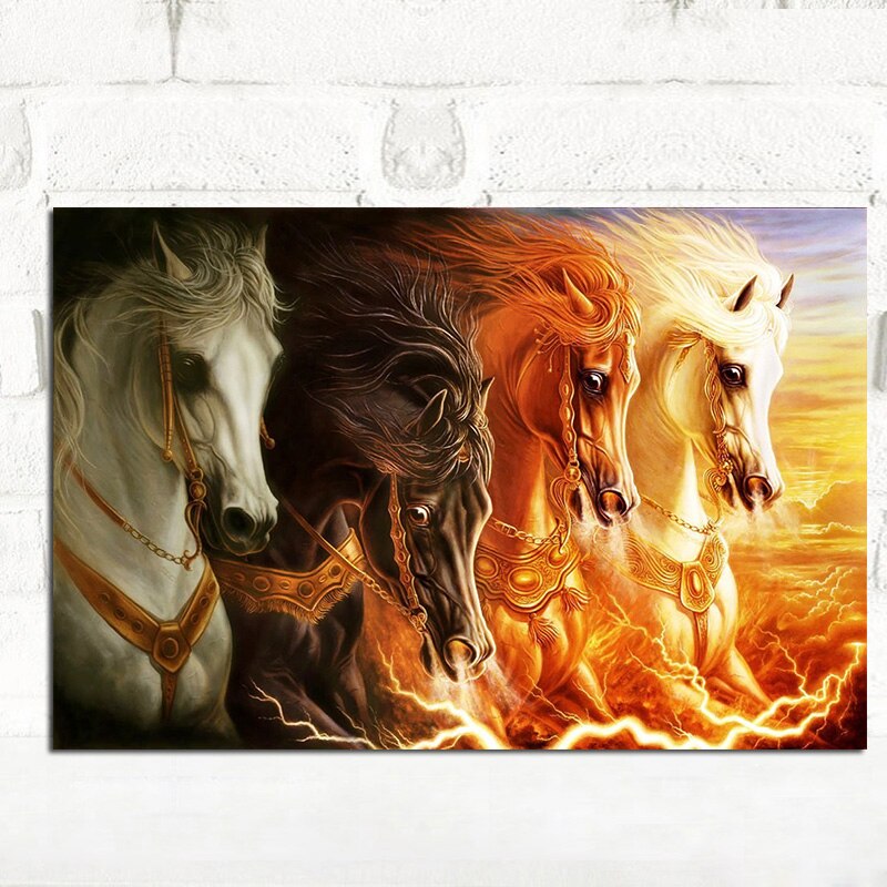 Four White Running Horses with Fire Posters Animals Canvas Painting Posters