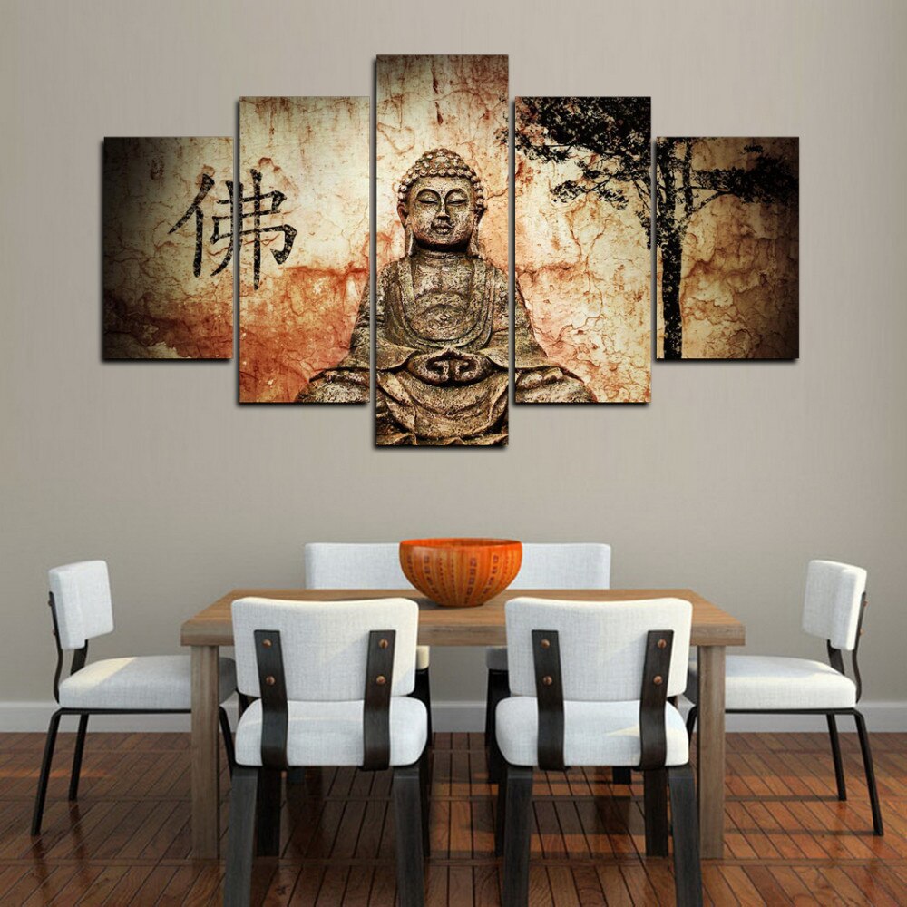 5 Panels Zen Buddha Painting Vintage Poster Print Feng Shui Abstract Canvas Art Wall Picute
