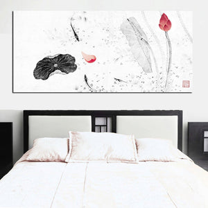 HD Print Large Traditional Chinese Calligraphy Painting Koi Fish Lotus on Canvas