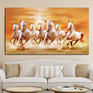 Big size HD Print Artistic Animals Seven Running White Horse Oil Painting