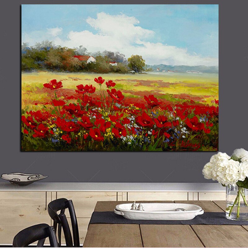 Print Abstract Wild Red Flower Poppies Landscape Oil Painting on Canvas Modern