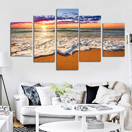 HD Print 5Panel Sunshine Beach Seascape Oil Painting on Canvas Art Modern Modular Wall
