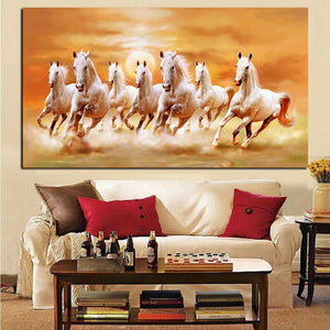 Big size HD Print Artistic Animals Seven Running White Horse Oil Painting