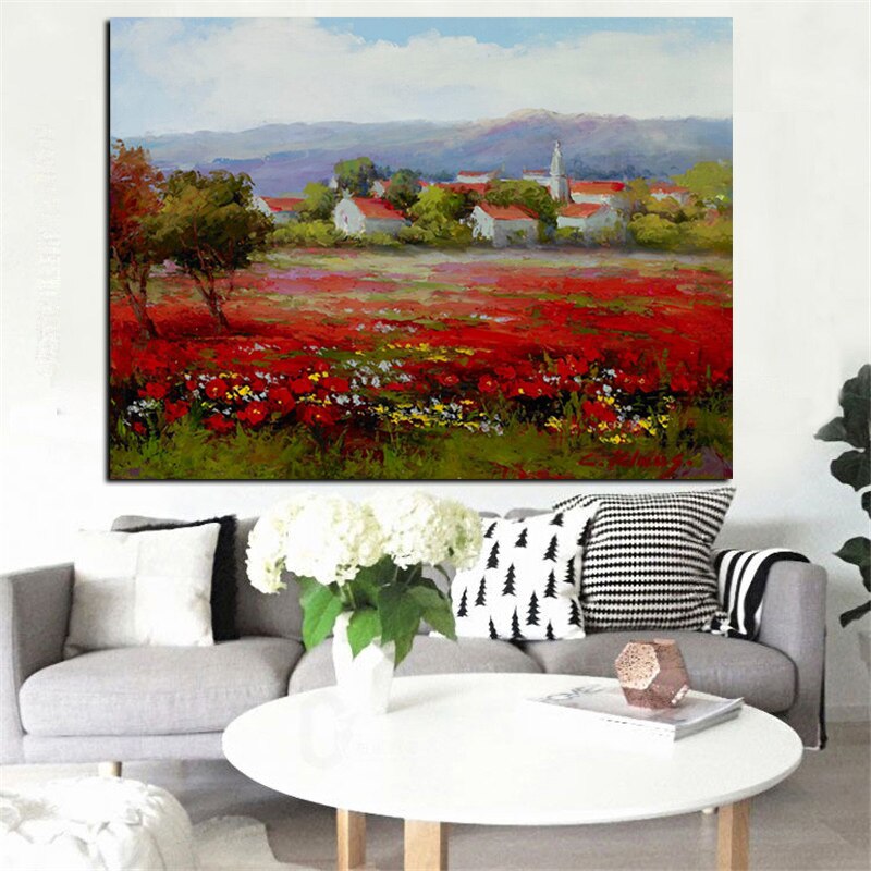 Print Abstract Wild Red Flower Poppies Landscape Oil Painting on Canvas Modern