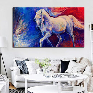 Print Psychedelic White Running Horse Abstract Animal Oil Painting on Canvas