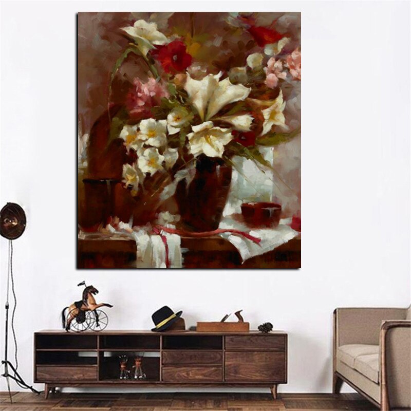 Big Size Abstract Flowers in Vase Oil Painting Print on Canvas Modern Minimalist Orchid