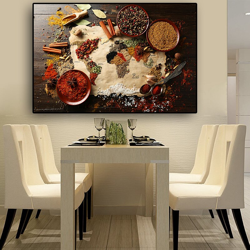 Grains Spices World Map Kitchen Canvas Painting Cuadros Scandinavian Posters and Prints