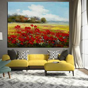 Print Abstract Wild Red Flower Poppies Landscape Oil Painting on Canvas Modern