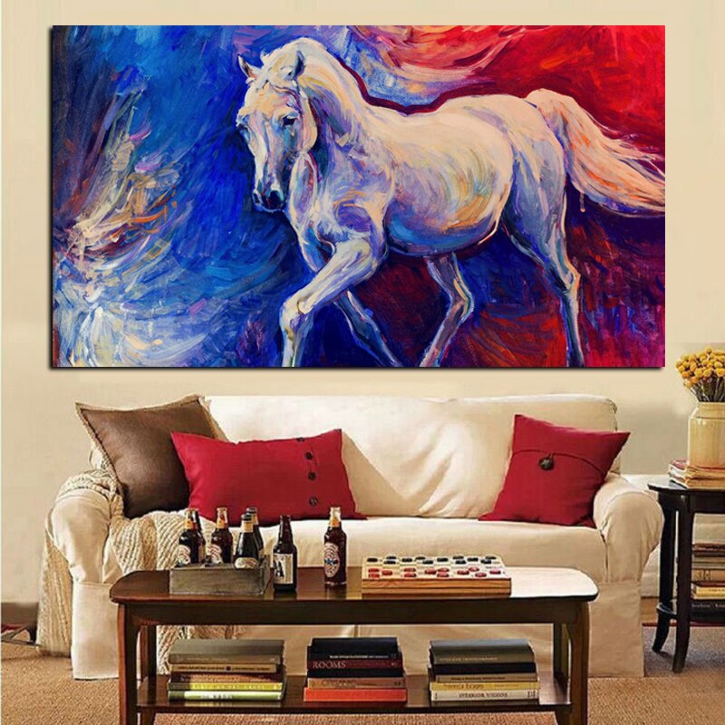 Print Psychedelic White Running Horse Abstract Animal Oil Painting on Canvas