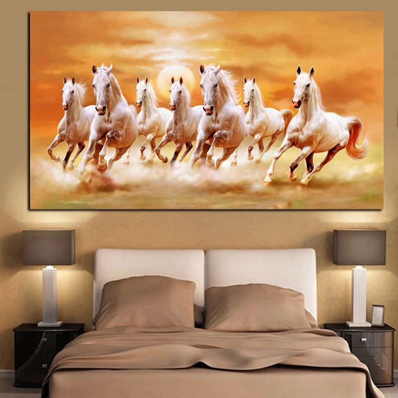 Big size HD Print Artistic Animals Seven Running White Horse Oil Painting