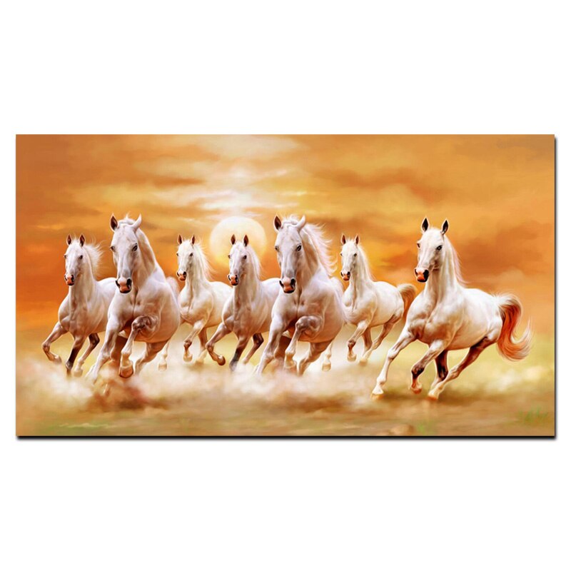 Big size HD Print Artistic Animals Seven Running White Horse Oil Painting