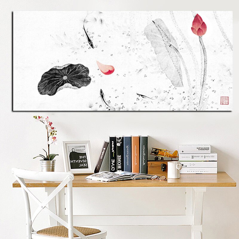 HD Print Large Traditional Chinese Calligraphy Painting Koi Fish Lotus on Canvas