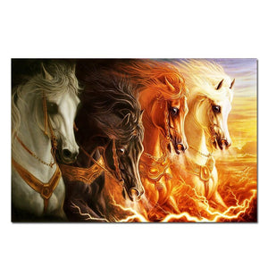 Four White Running Horses with Fire Posters Animals Canvas Painting Posters