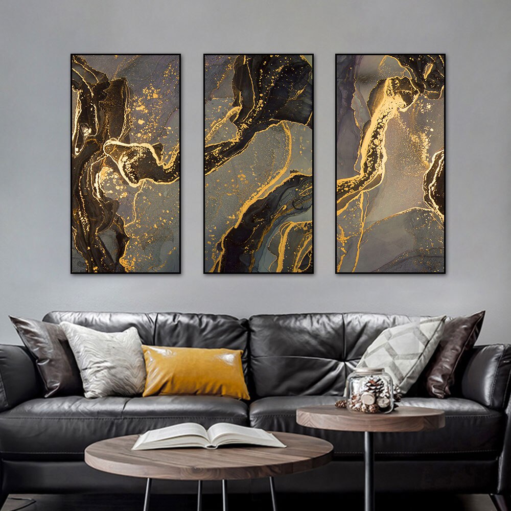 3 panel Abstract Coffee Quicksand With Gold Foils Canvas Painting Modern Posters