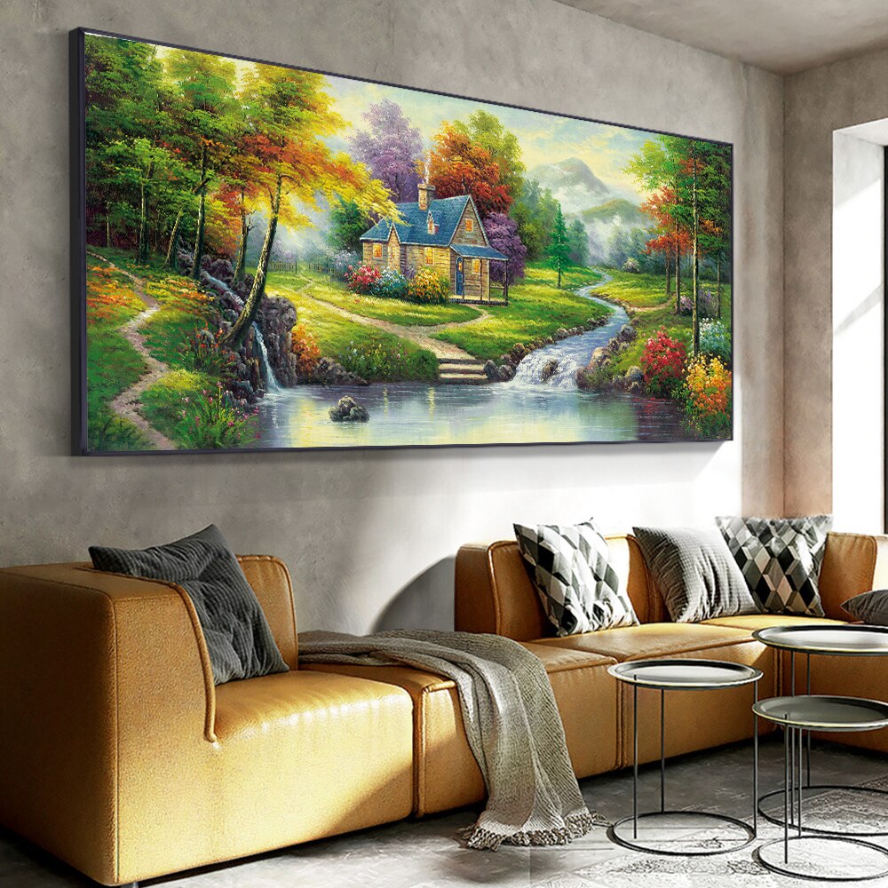 Abstract House Garden River Trees Painting Printed On Canvas Nordic Wall