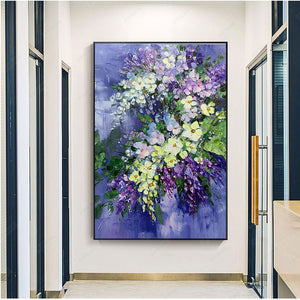 Hand-Painted Purple Blue Oil Painting Abstract Mural Orchid Violet Home Decor