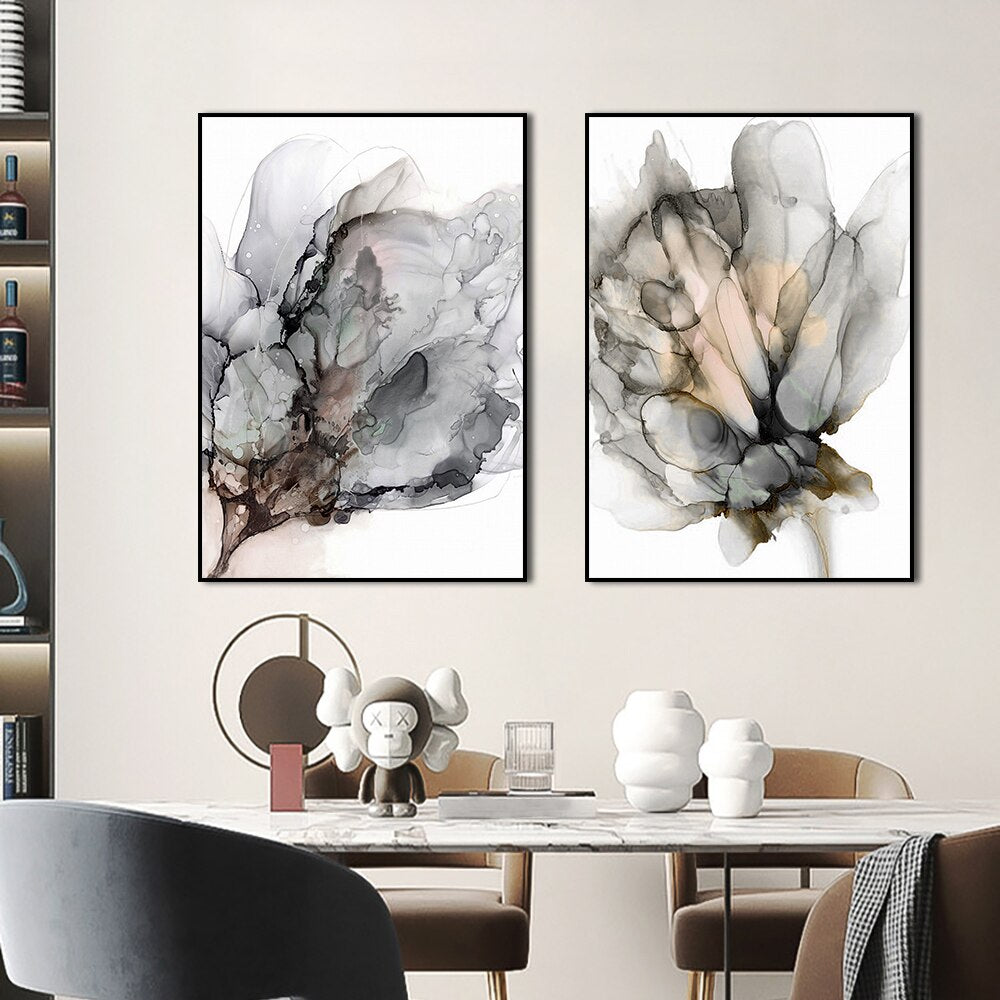 Abstract Watercolor Black Grey Flower Canvas Painting Modern Plant Wall Art Posters