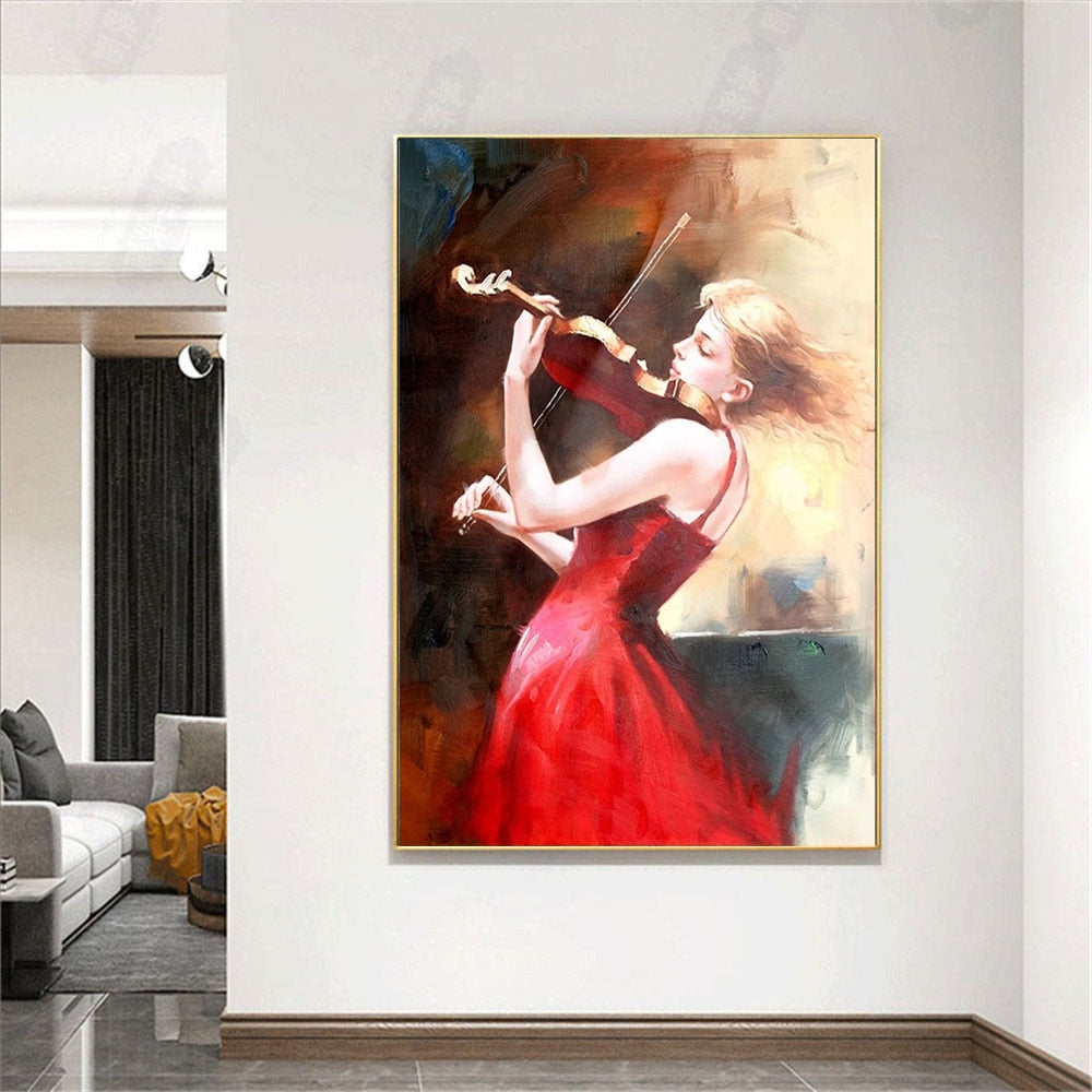 High-quality hand-painted oil painting girl playing the violin