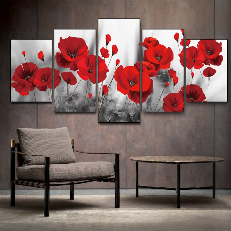 5Plane Abstract Red Flower Canvas Painting Combined Abstract Red Poppy Posters and Prints Wall