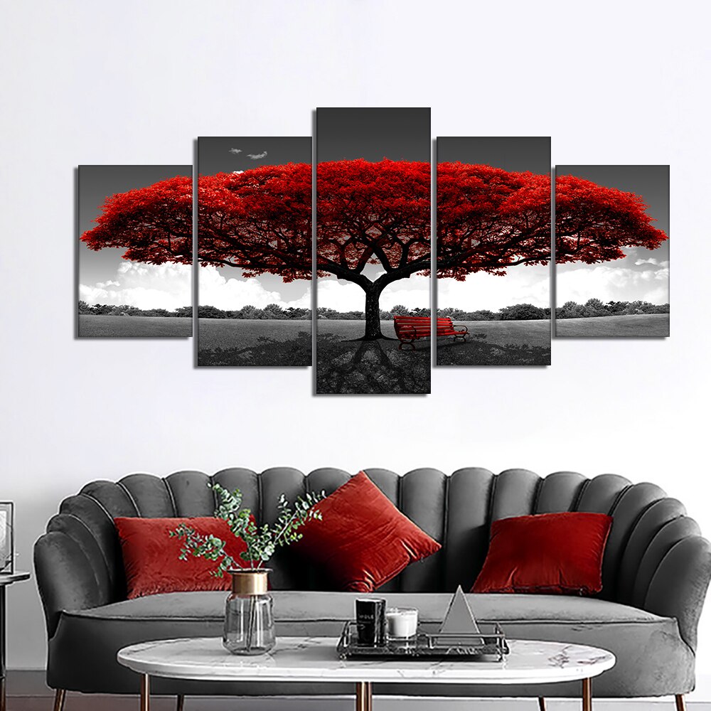5pcs Set Abstract Red Trees Chair Canvas Painting Modern Landscape Posters