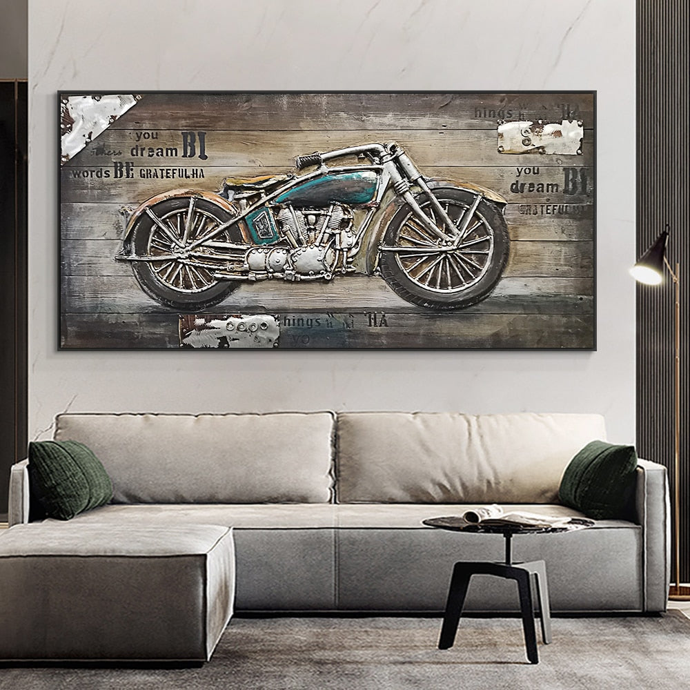 Abstract Retro And Nostalgic Motorcycle Car Oil Painting Printed On Canvas