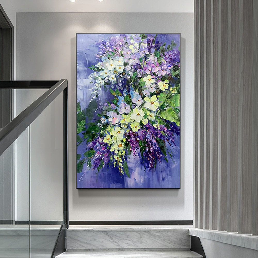 Hand-Painted Purple Blue Oil Painting Abstract Mural Orchid Violet Home Decor