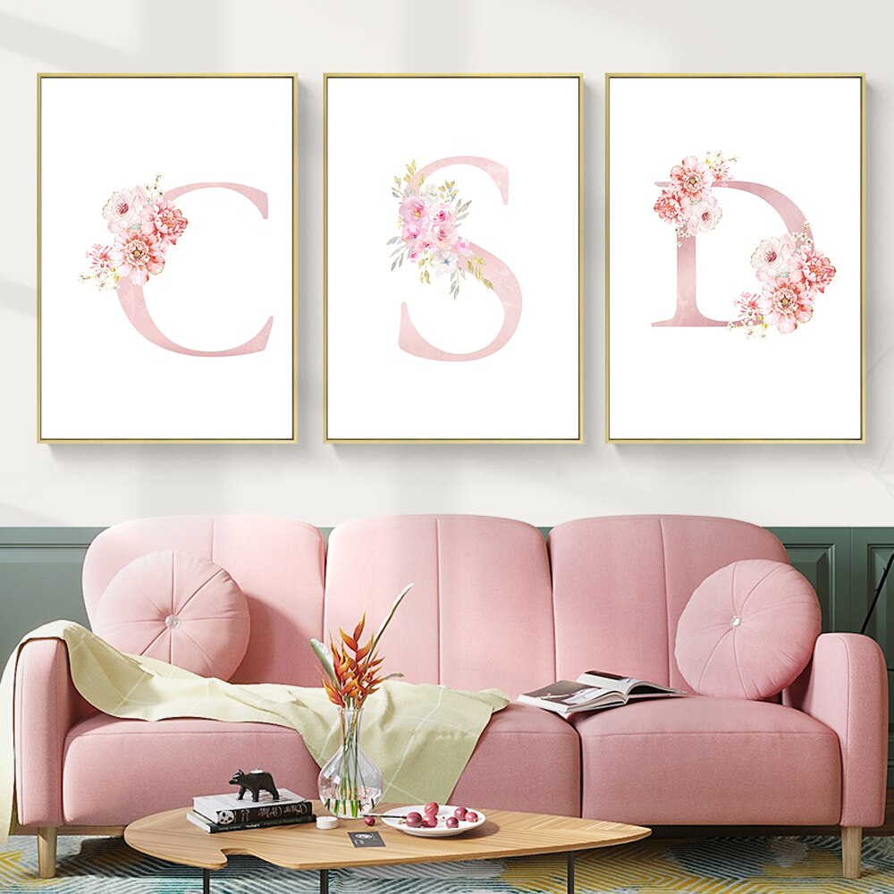 Abstract Pink Letters With Flower Canvas Painting Modern Nordic Posters And Prints Wall