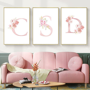 Abstract Pink Letters With Flower Canvas Painting Modern Nordic Posters And Prints Wall