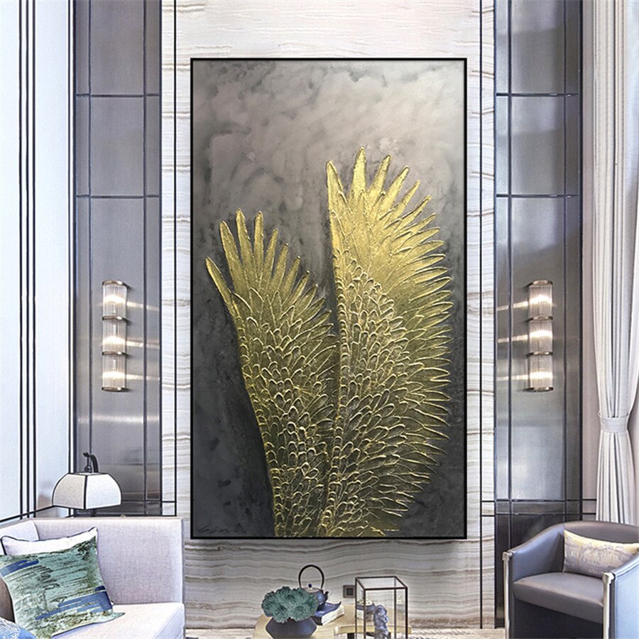 Hand-painted Modern Abstract Golden white Feather Oil Painting