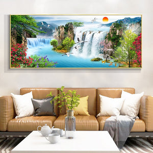 Waterfall Sunset Landscape Canvas Painting Lake Bird Posters and Prints Cuadros