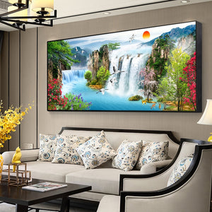 Waterfall Sunset Landscape Canvas Painting Lake Bird Posters and Prints Cuadros