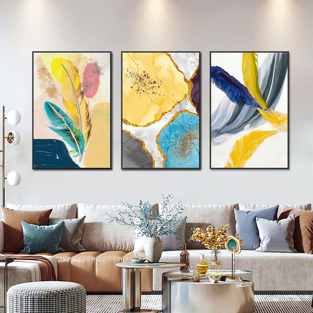 3 Panel Canvas Painting Abstract Yellow Blue Feather Posters And Prints Modern