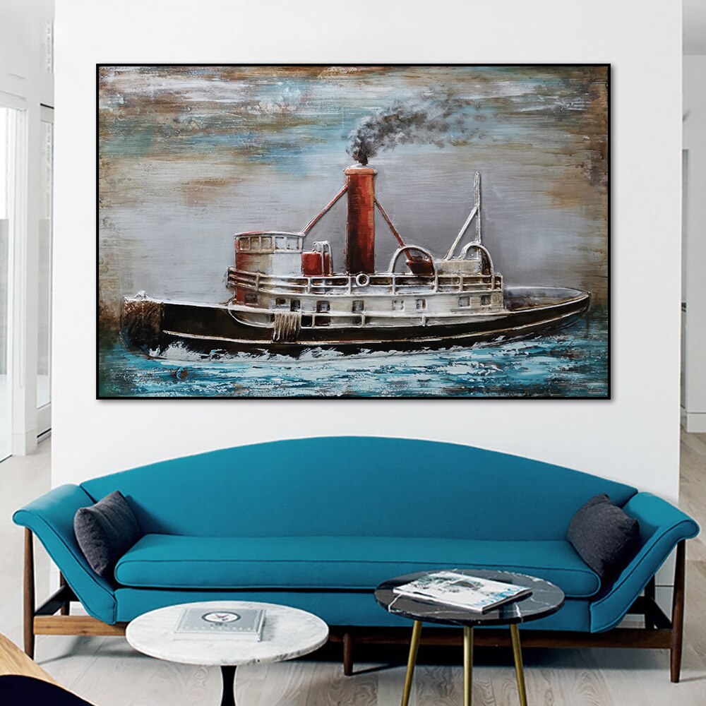 3D Abstract Boat Oil Painting Printed On Canvas Modern Landscape Posters