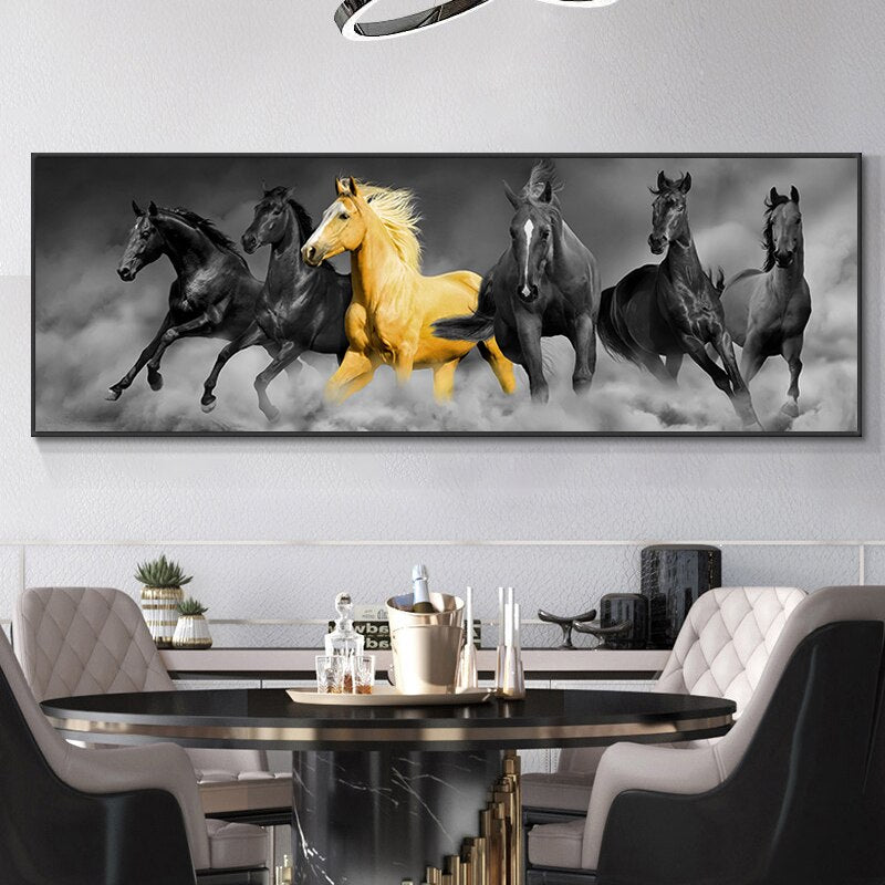 Modern God and  Black Six Horses Running Oil Painting HD Print on Canvas