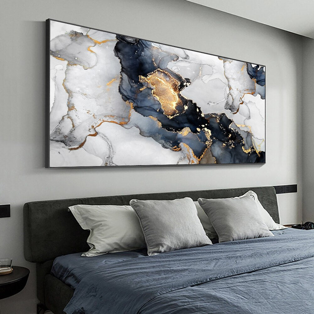 Abstract Blue Lake White Waves With Gold Canvas Painting Modern Nordic