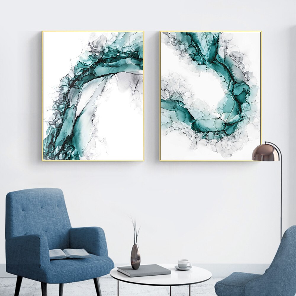 Abstract Watercolor Blue Green With Black Painting On Canvas Nordic Modern Posters