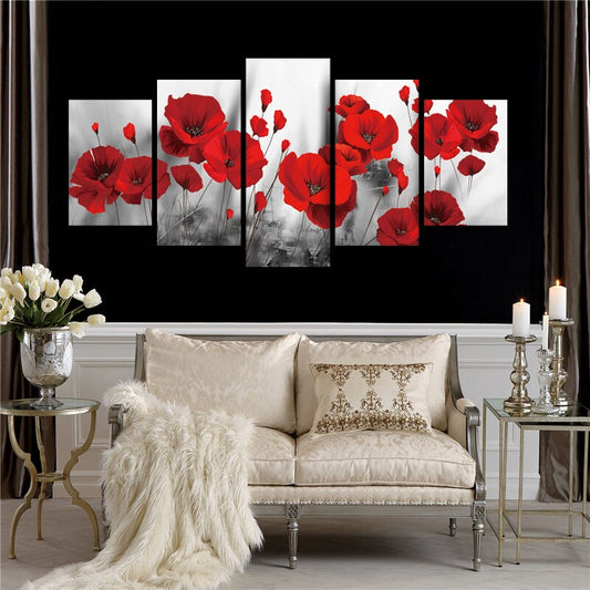 5Plane Abstract Red Flower Canvas Painting Combined Abstract Red Poppy Posters and Prints Wall