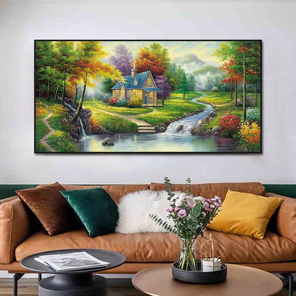 Abstract House Garden River Trees Painting Printed On Canvas Nordic Wall