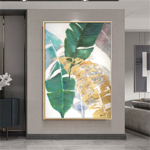 100% Hand-painted oil painting abstract green golden plant leaf canvas painting