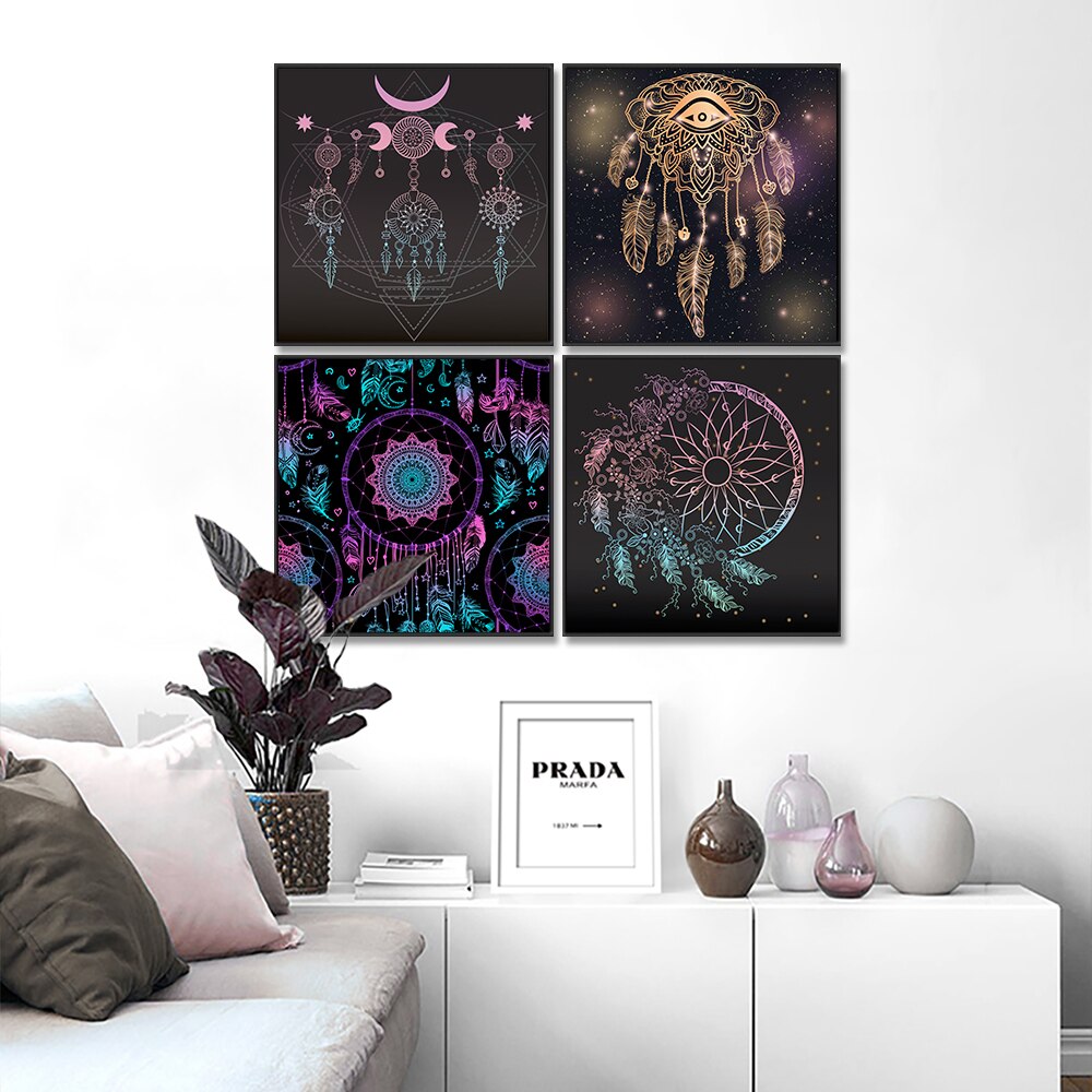 Abstract Dream Catcher Painting On Canvas Nordic Feather Wall Art Picture Prints